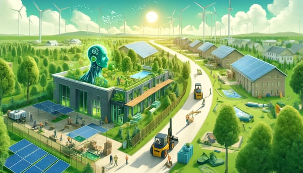 DALL·E 2024-04-09 16.36.02 - A wide, horizontal image showing the positive environmental impact of AI-driven construction practices. The illustration features a vibrant, green con