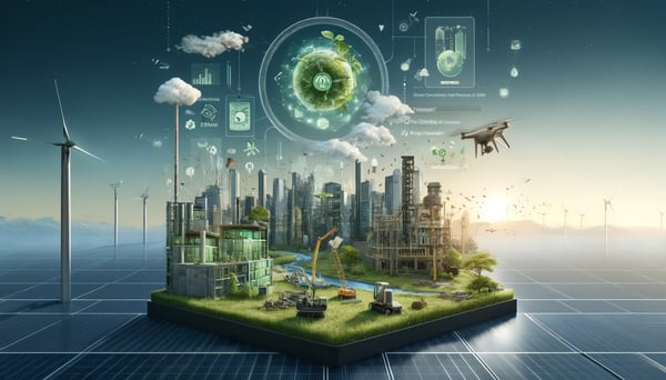 DALL·E 2024-04-09 17.34.30 - A horizontal image that visually represents the concept of Sustainable Construction_ Efficiency Powered by AI with a focus on technology and ecology