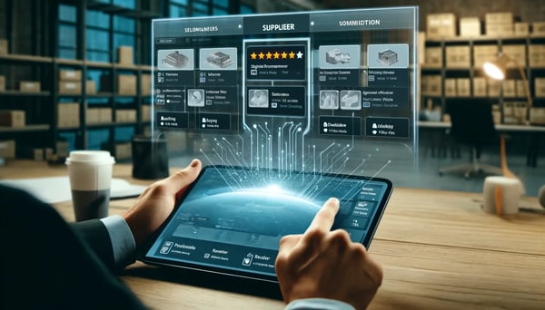 DALL·E 2024-04-15 16.11.43 - A digital platform interface displaying a selection of construction material suppliers. The screen shows detailed profiles of various suppliers with r