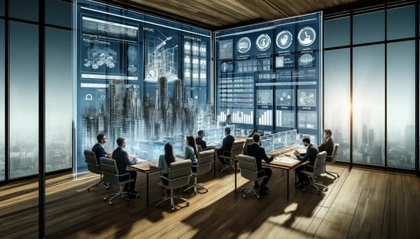 DALL·E 2024-04-15 16.12.06 - A modern office environment where construction project data is being analyzed on multiple large screens. The scene shows a group of professionals, inc