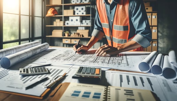 DALL·E 2024-04-25 10.29.47 - A professional in construction attire is analyzing blueprints spread on a table. The background shows charts and graphs related to construction costs