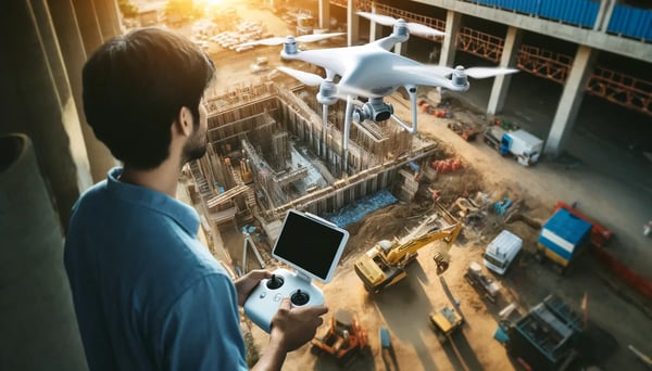 DALL·E 2024-05-09 09.41.35 - A construction site inspector using a drone to perform aerial inspections. The image shows the inspector operating the drones controller with the dro