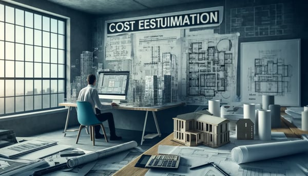 DALL·E 2024-06-19 14.49.28 - A different approach to illustrating cost estimation in construction, showing an architects office. The scene includes an architect at a desk filled 